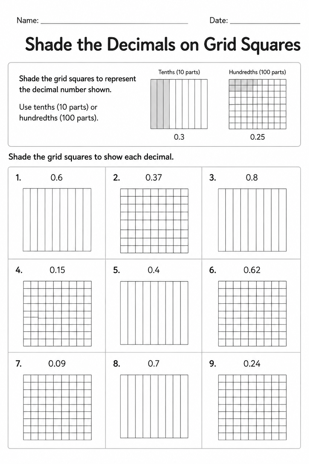 Shade the Decimals on Grid Squares