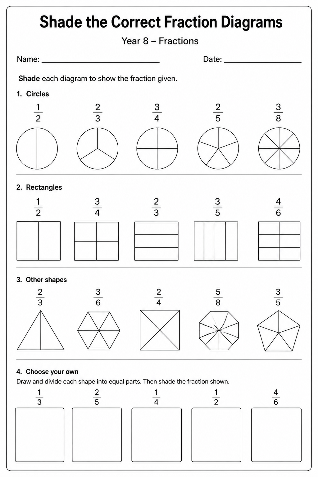 Shade the Correct Fraction Diagrams