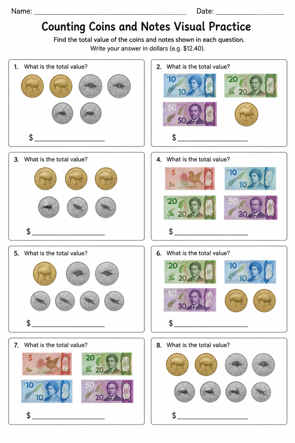 Counting Coins and Notes Visual Practice