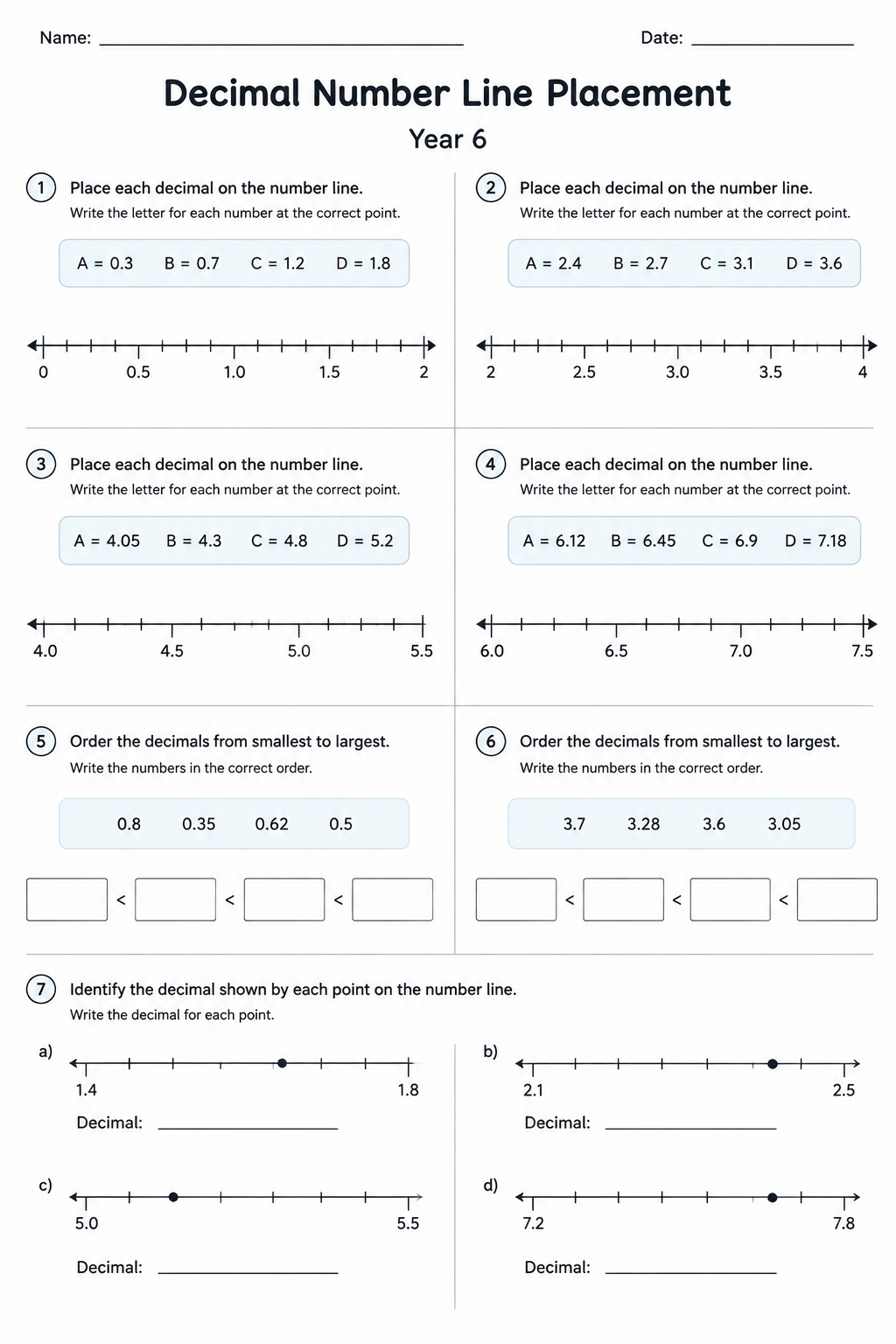 Decimal Number Line Placement