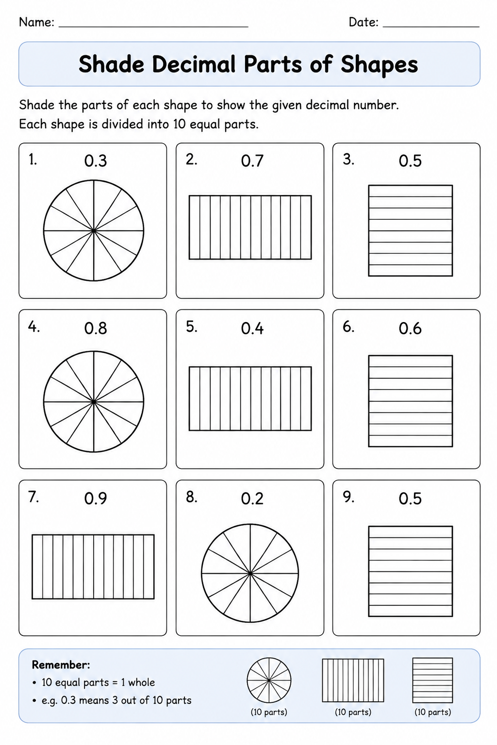 Shade Decimal Parts of Shapes