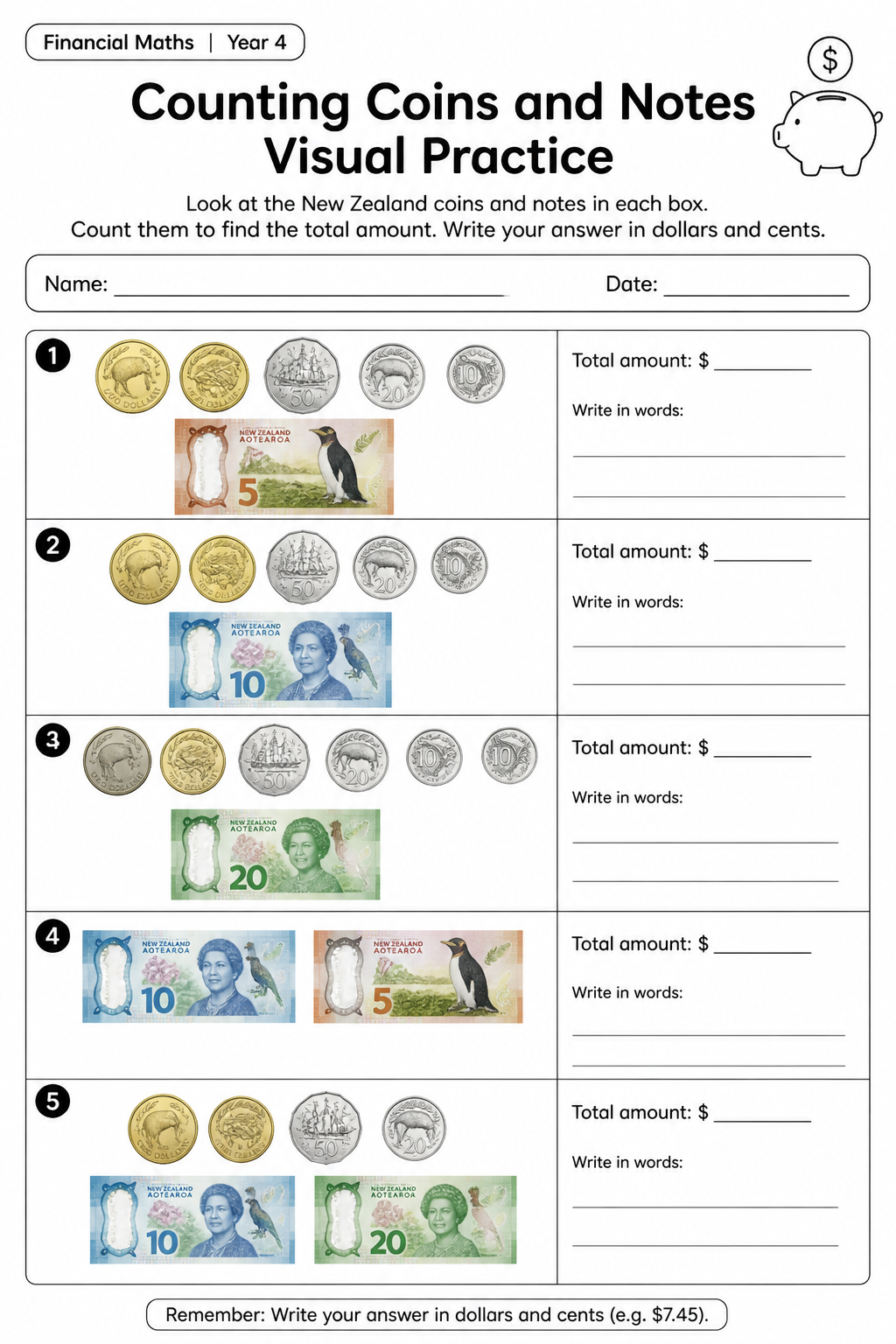 Counting Coins and Notes Visual Practice