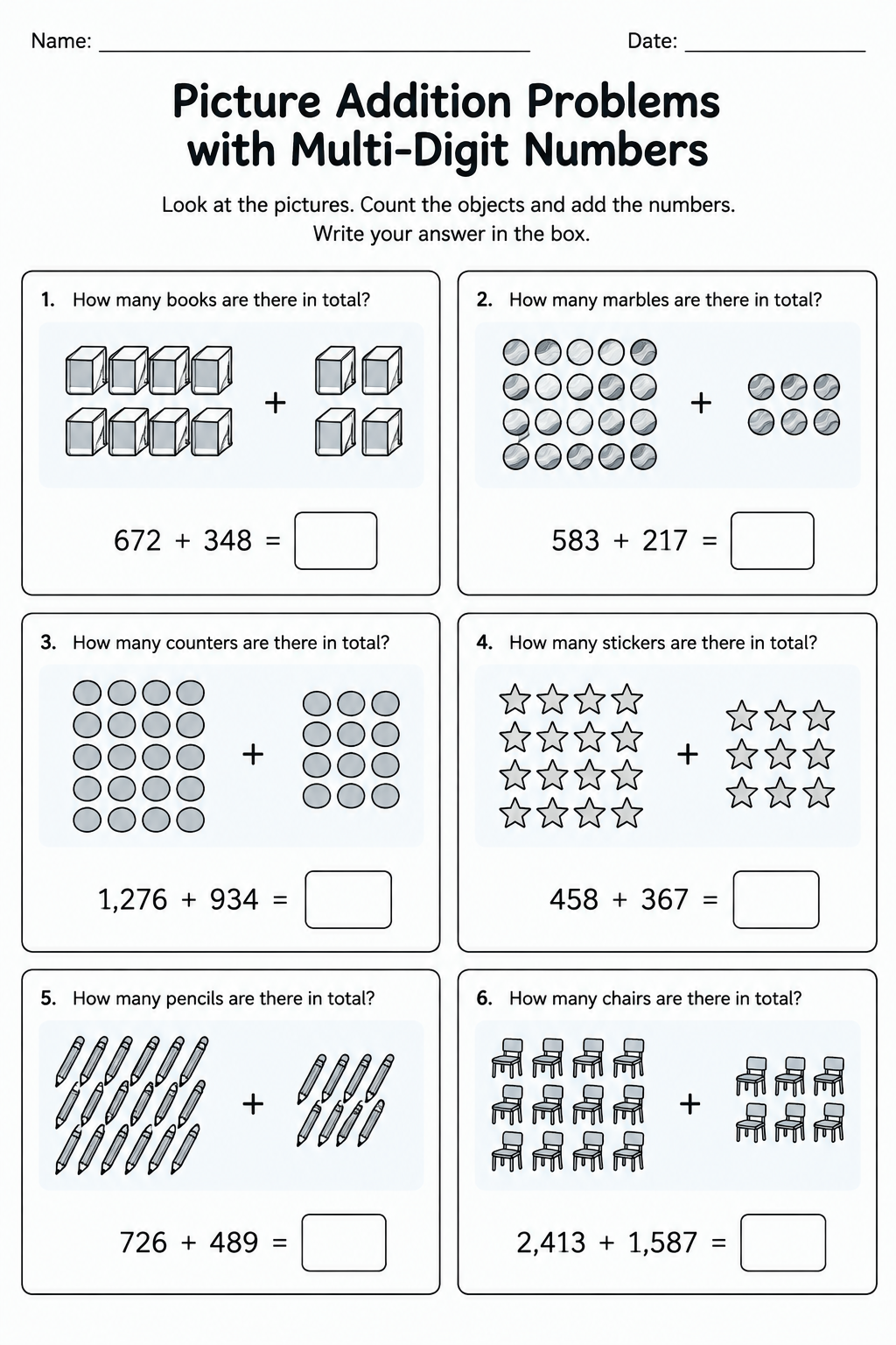 Picture Addition Problems with Multi-Digit Numbers