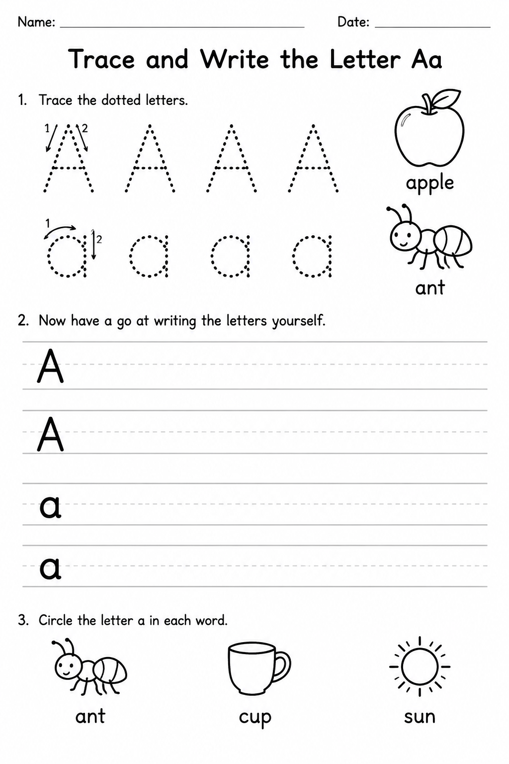 Trace and Write the Letter Aa