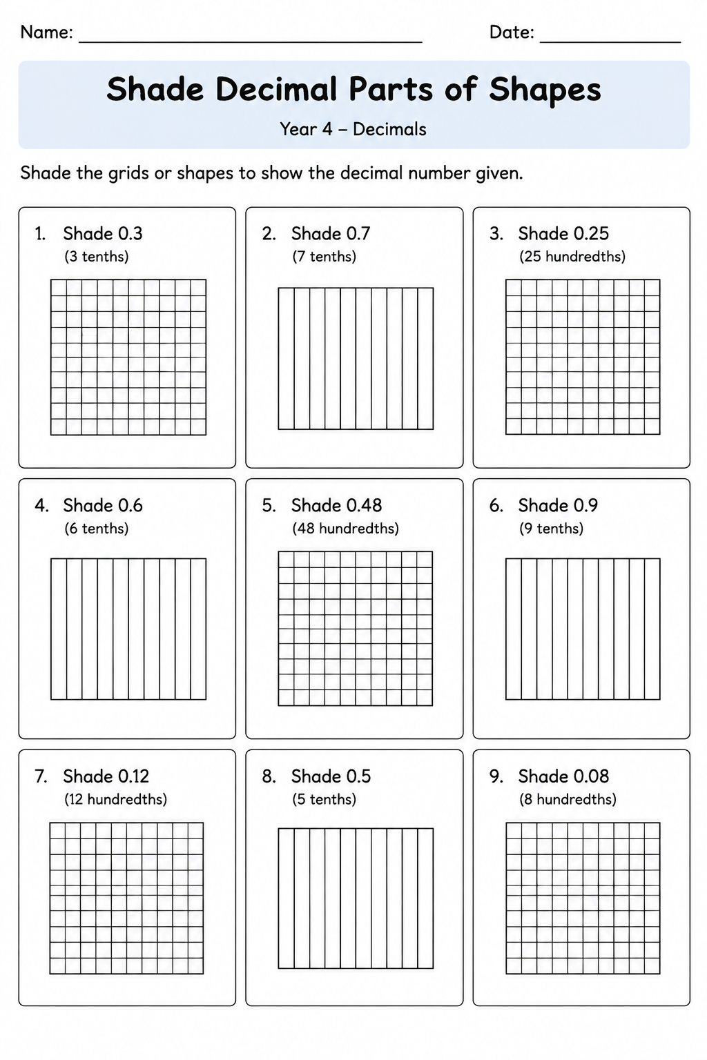 Shade Decimal Parts of Shapes