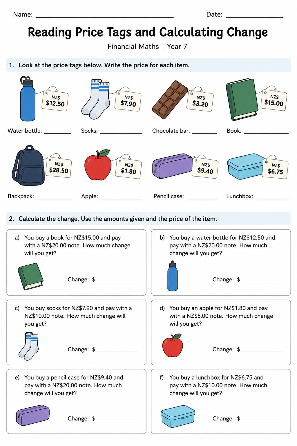 Reading Price Tags and Calculating Change