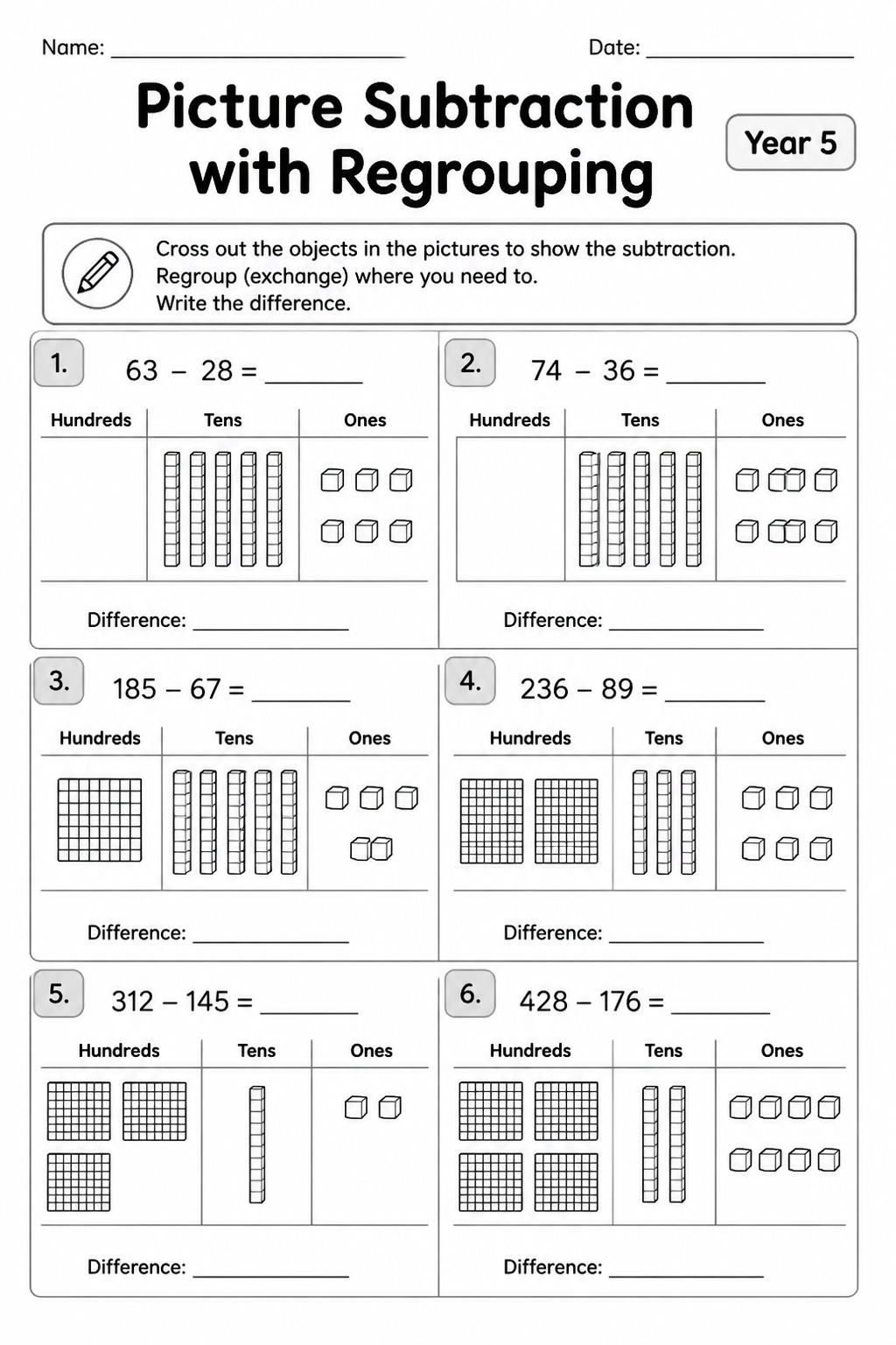 Picture Subtraction with Regrouping