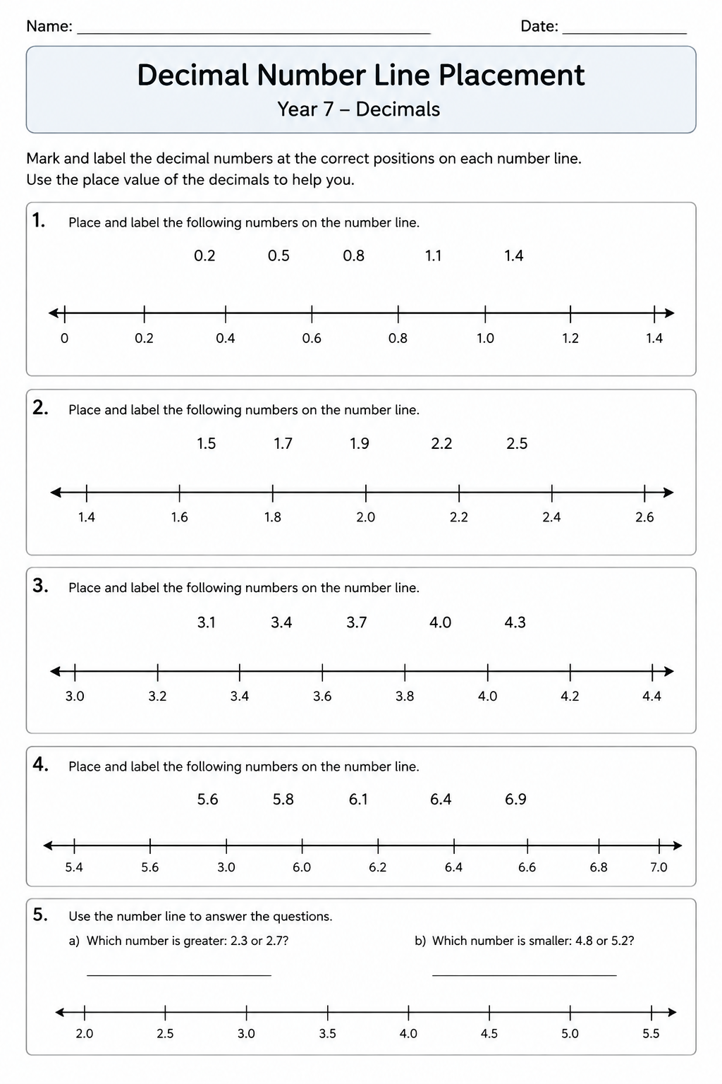 Decimal Number Line Placement
