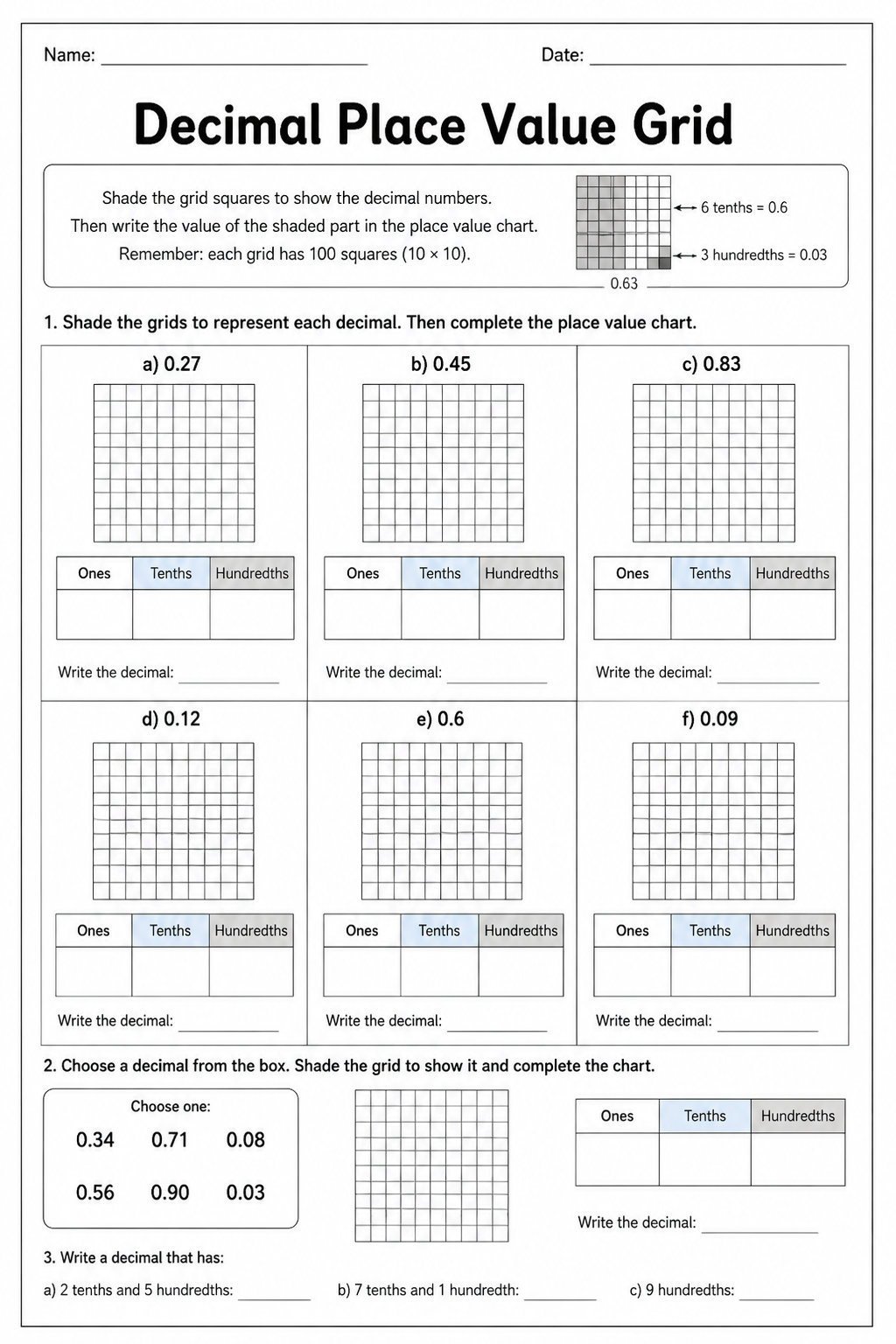 Decimal Place Value Grid