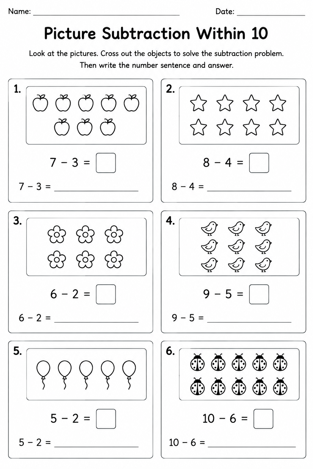 Picture Subtraction Within 10