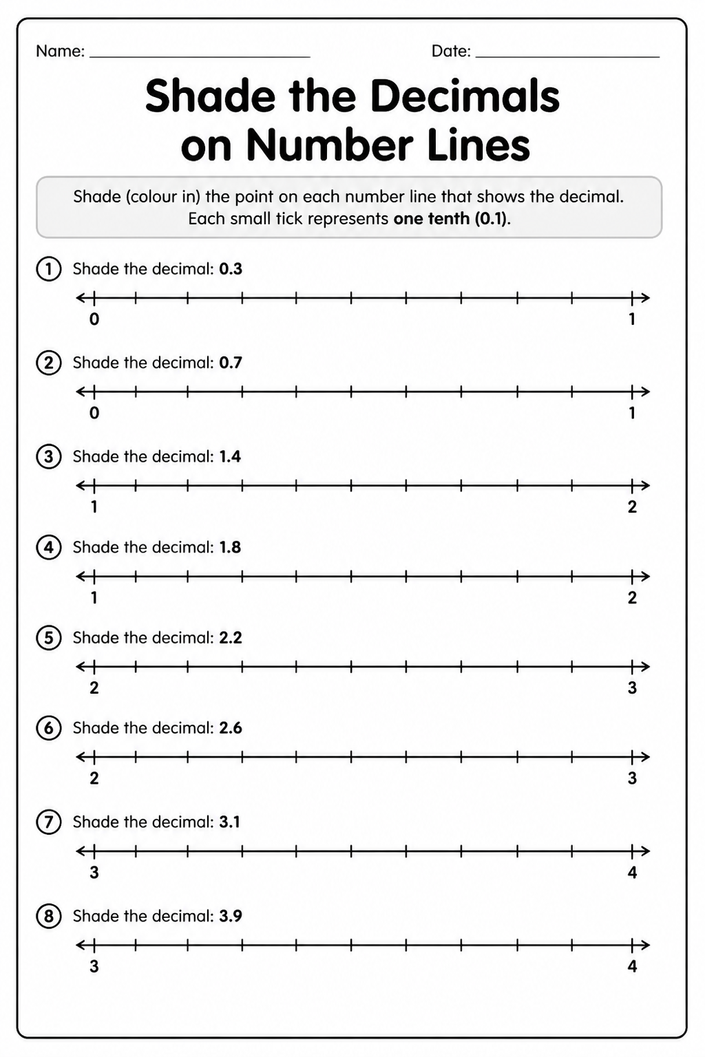 Shade the Decimals on Number Lines