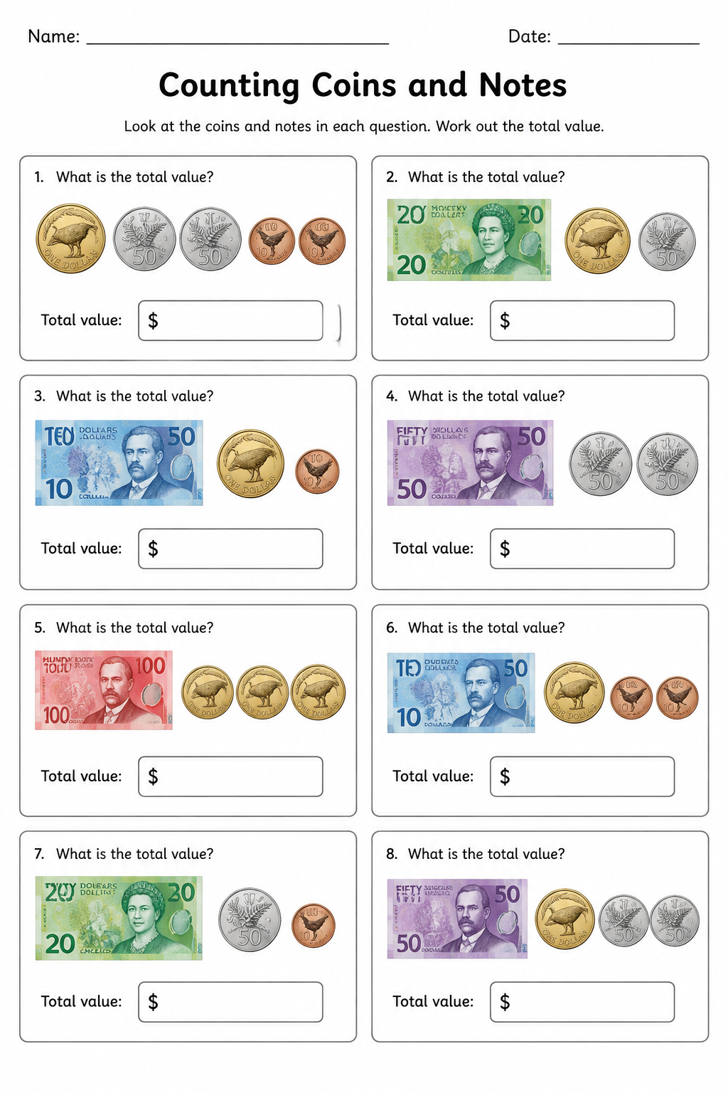 Counting Coins and Notes