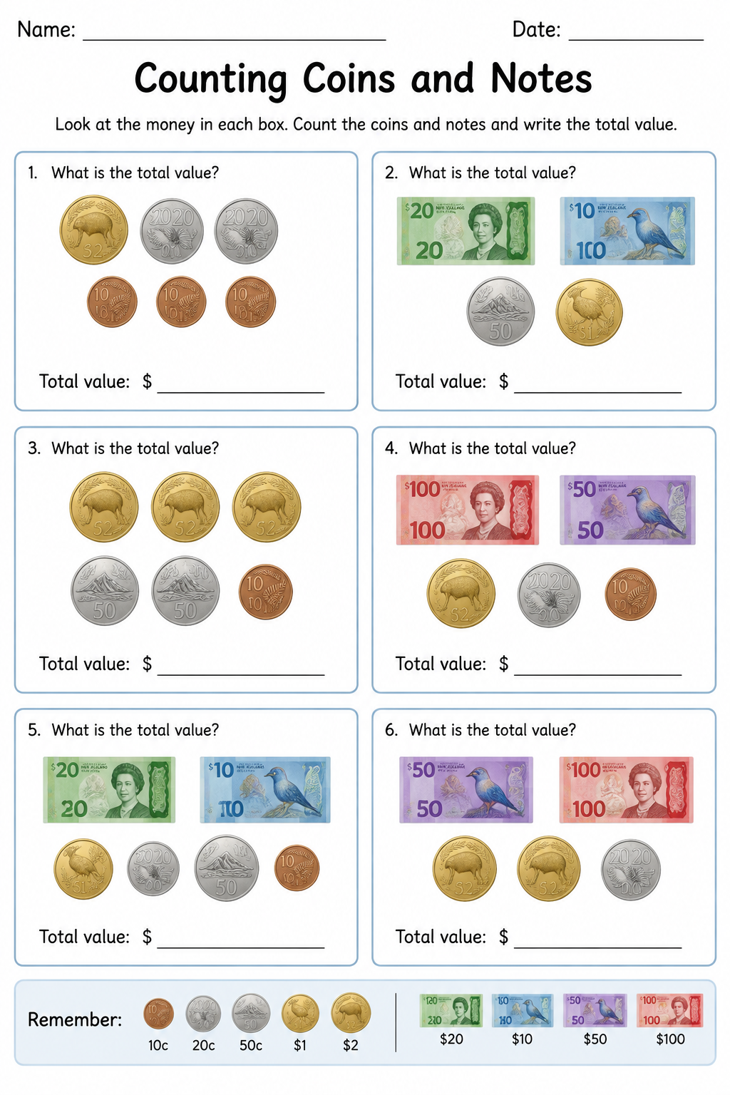 Counting Coins and Notes