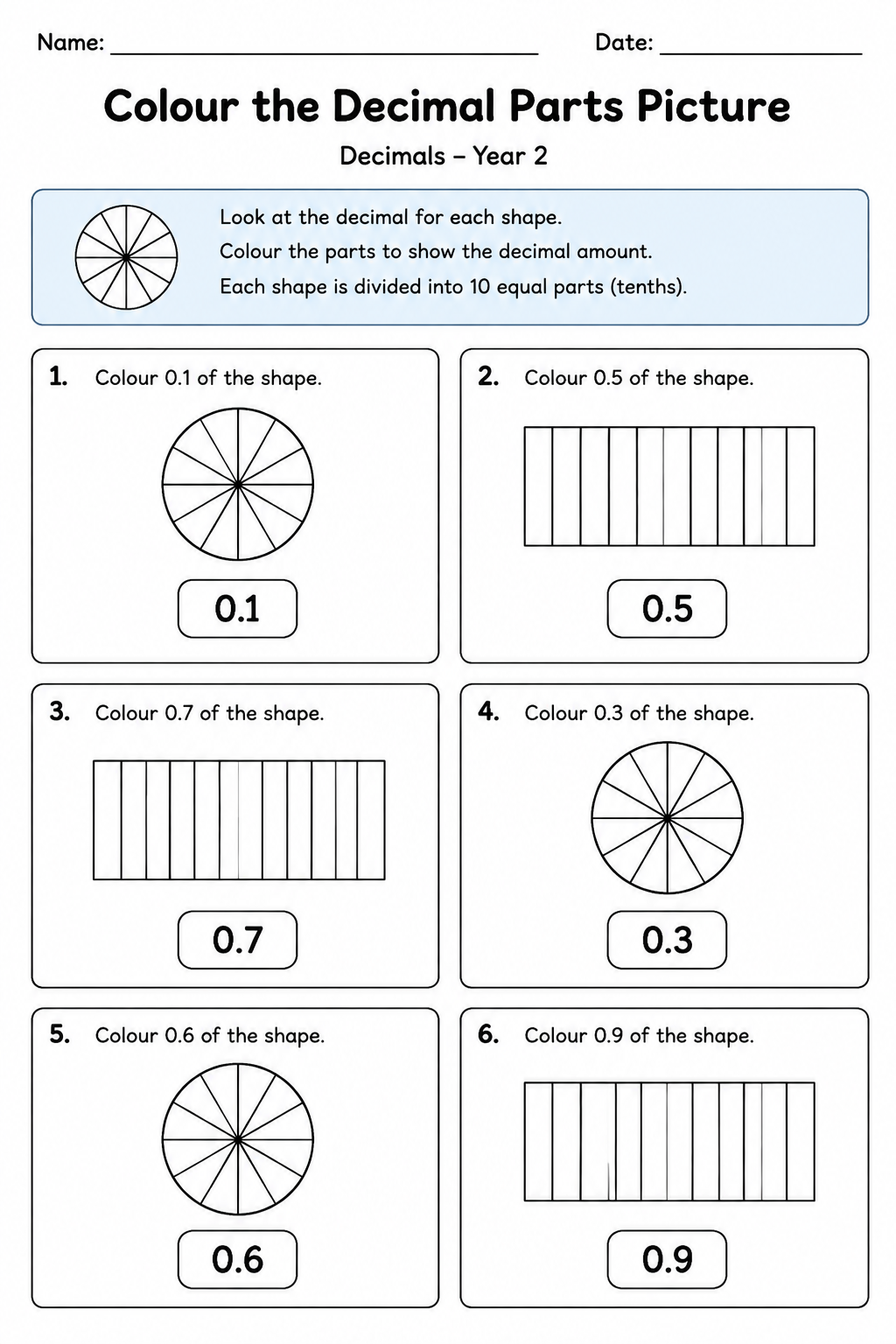 Colour the Decimal Parts Picture