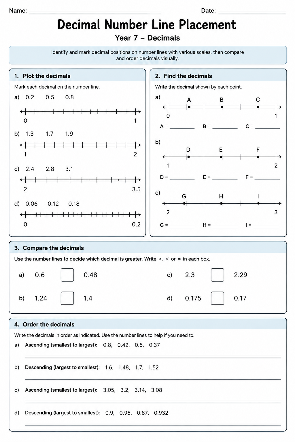 Decimal Number Line Placement