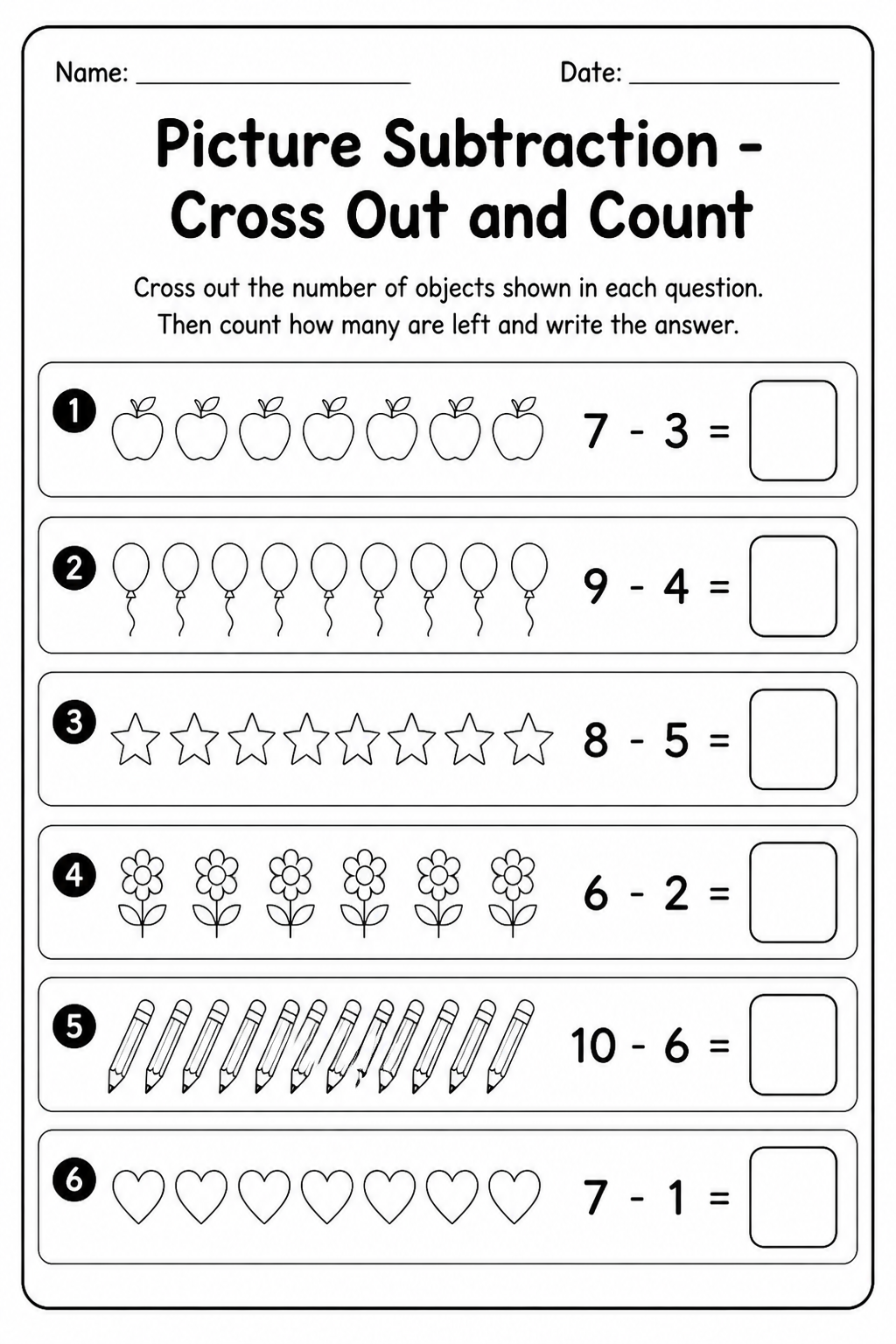 Picture Subtraction - Cross Out and Count