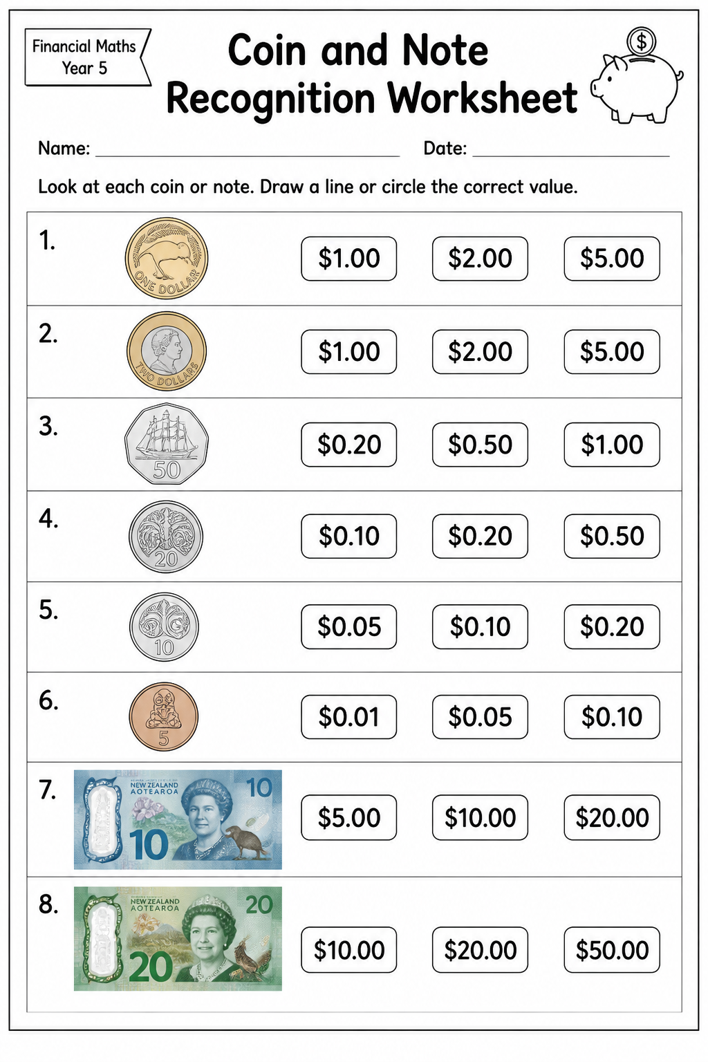 Coin and Note Recognition Worksheet