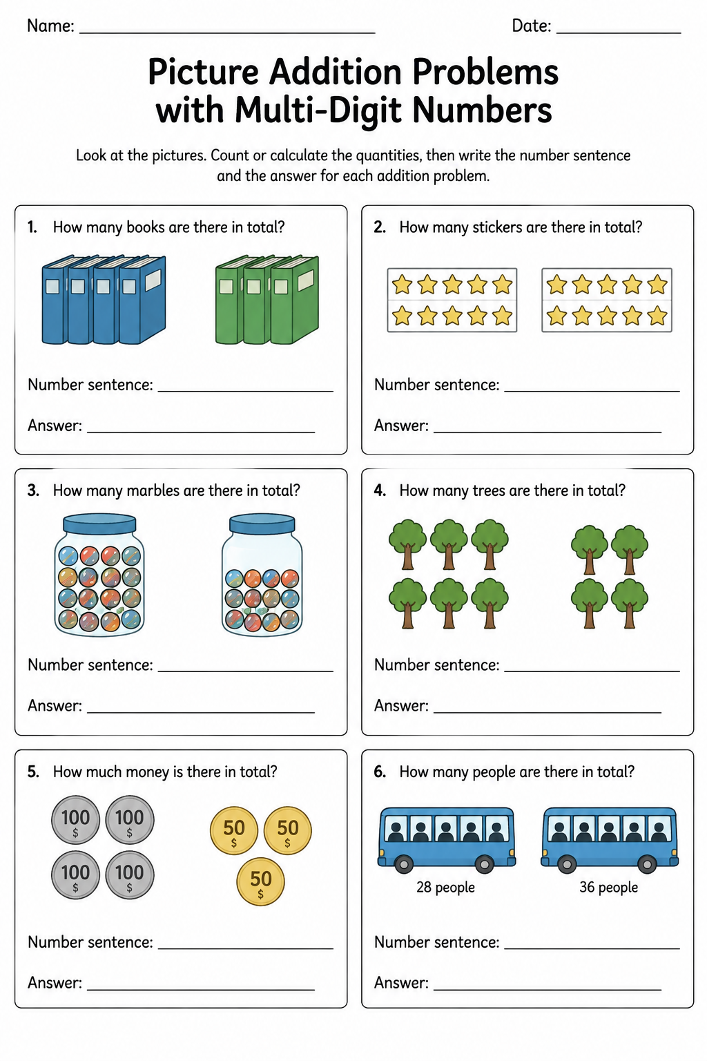 Picture Addition Problems with Multi-Digit Numbers