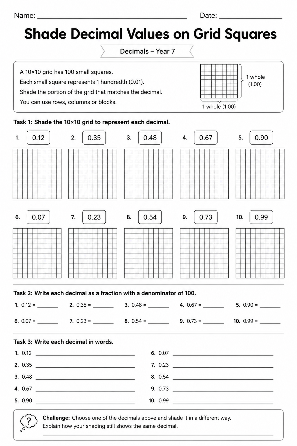Shade Decimal Values on Grid Squares