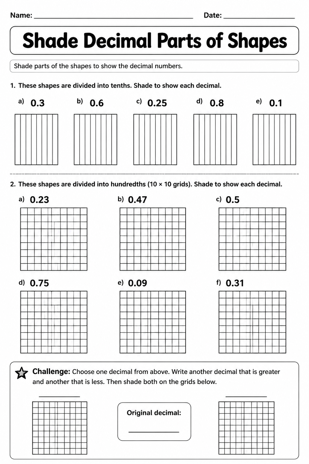 Shade Decimal Parts of Shapes