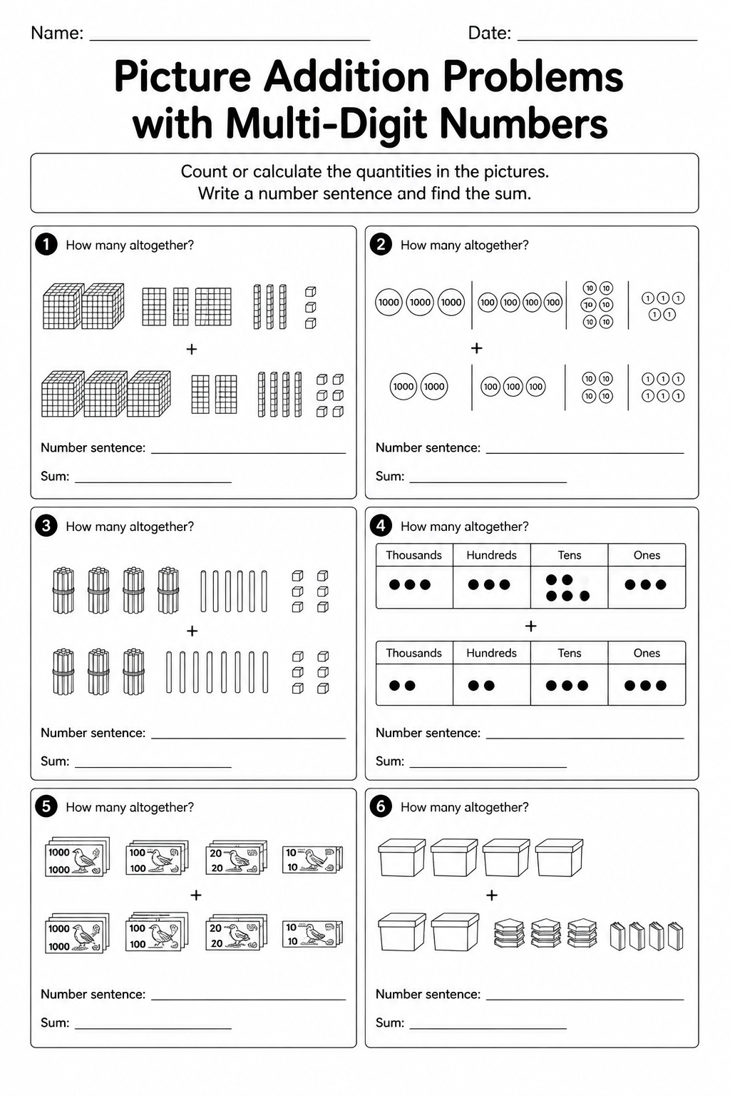 Picture Addition Problems with Multi-Digit Numbers