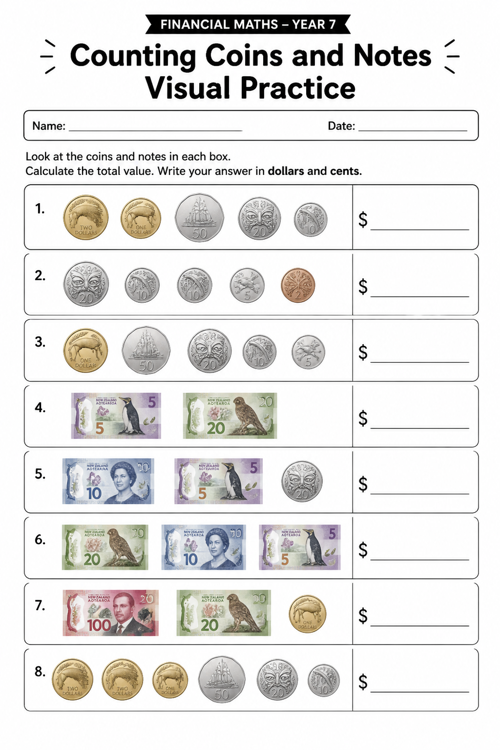 Counting Coins and Notes Visual Practice