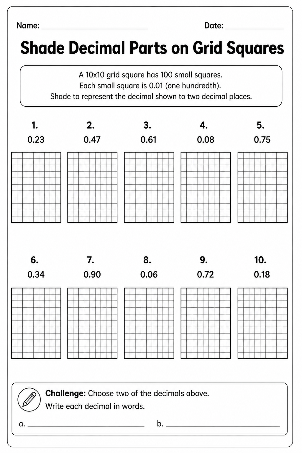 Shade Decimal Parts on Grid Squares
