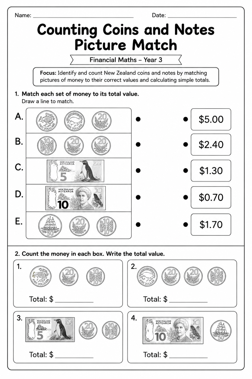 Counting Coins and Notes Picture Match