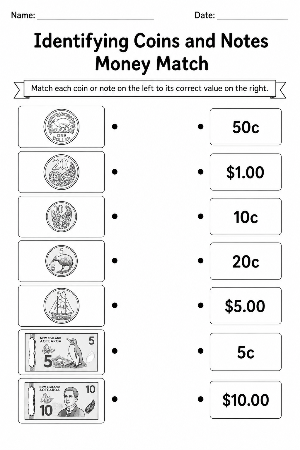 Identifying Coins and Notes Money Match