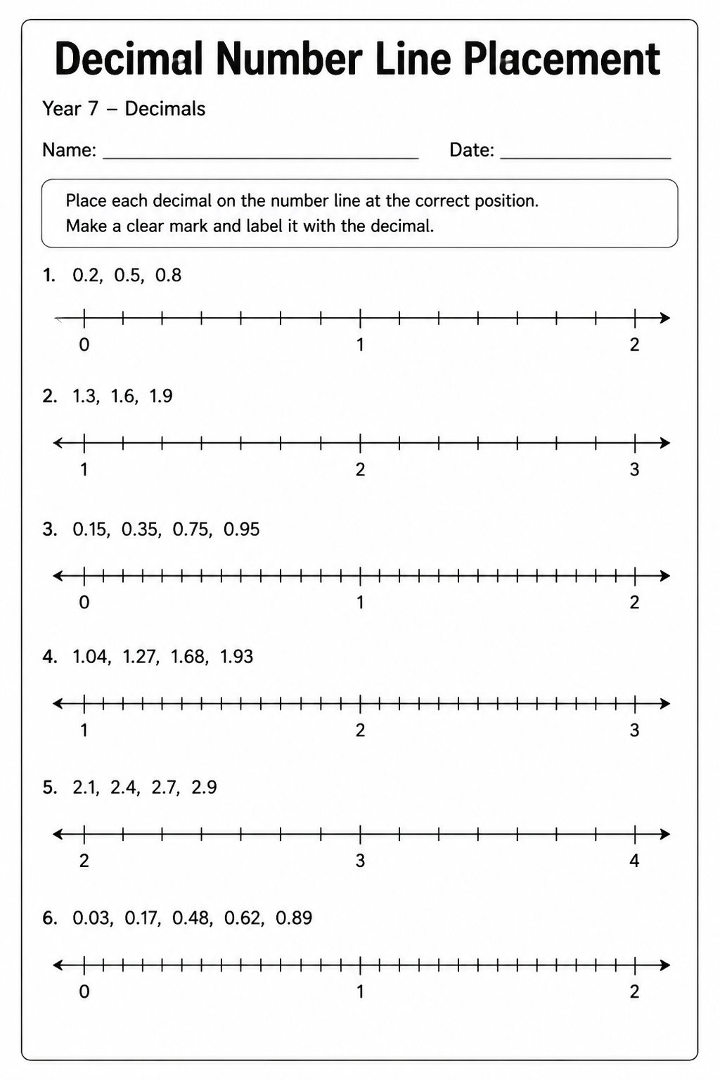 Decimal Number Line Placement