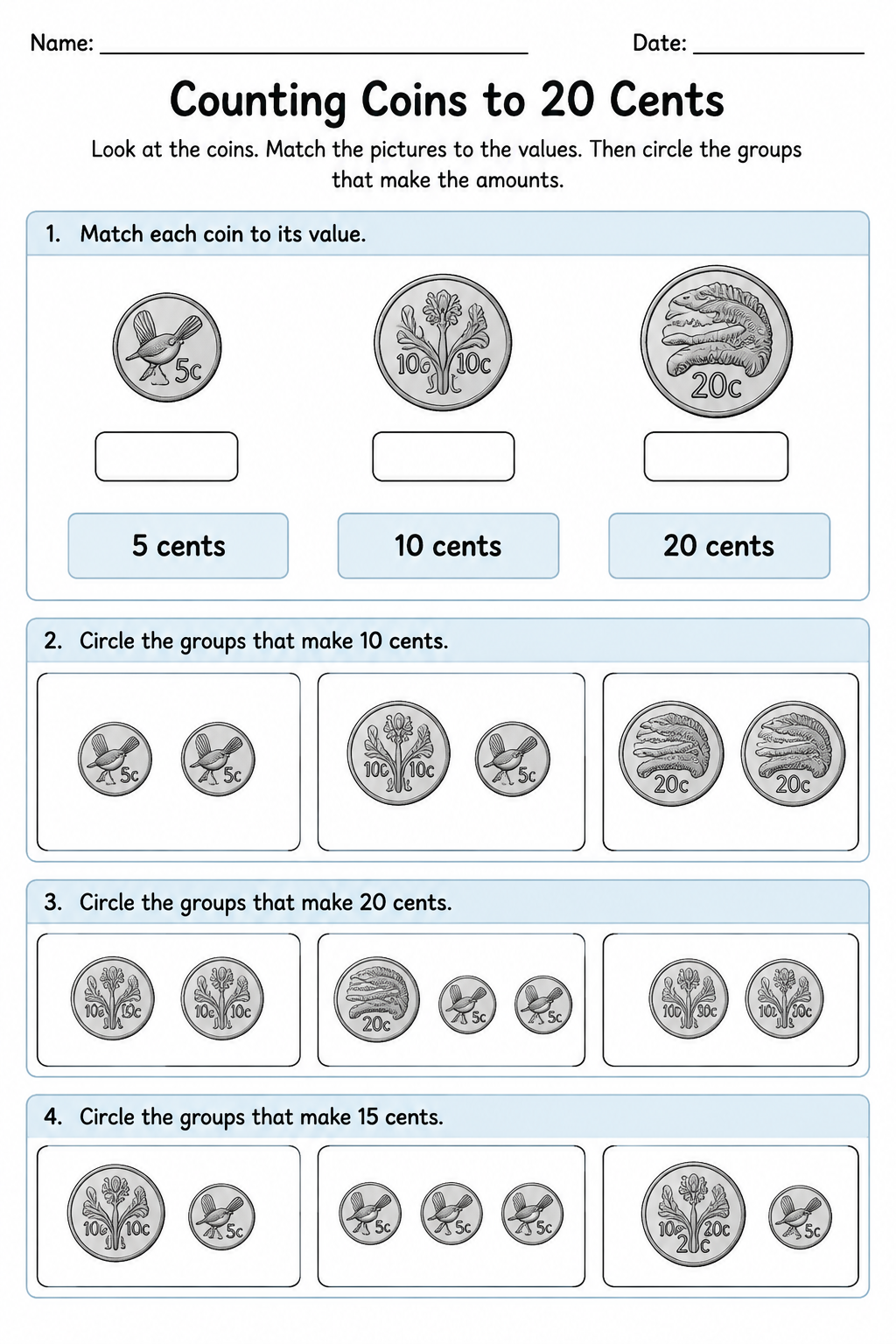 Counting Coins to 20 Cents