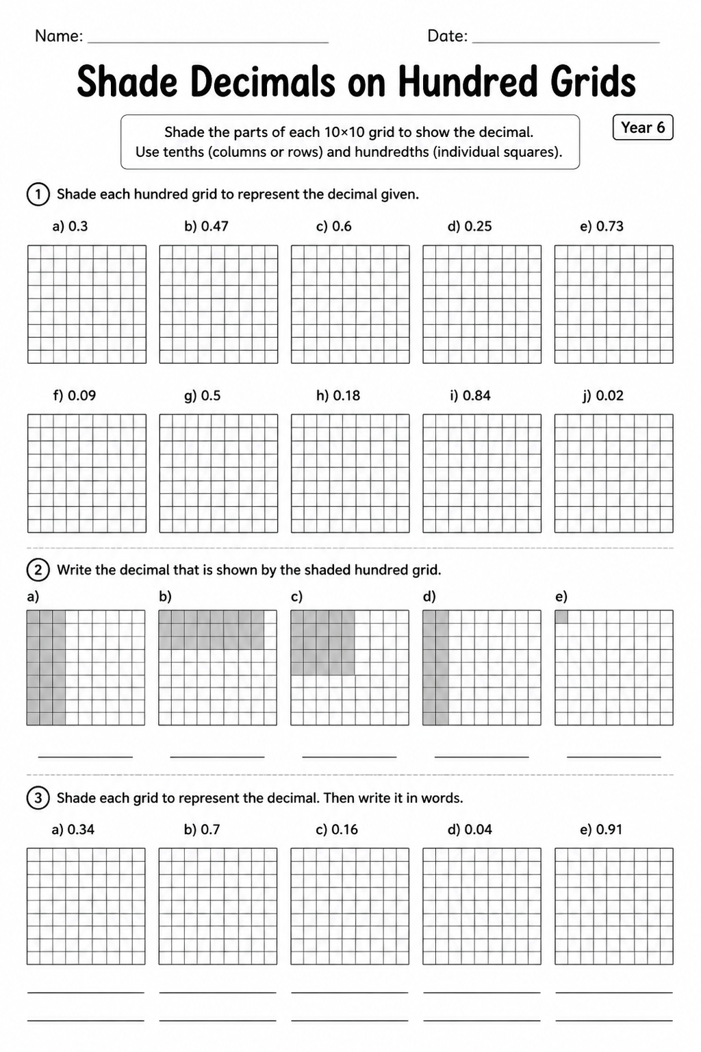 Shade Decimals on Hundred Grids