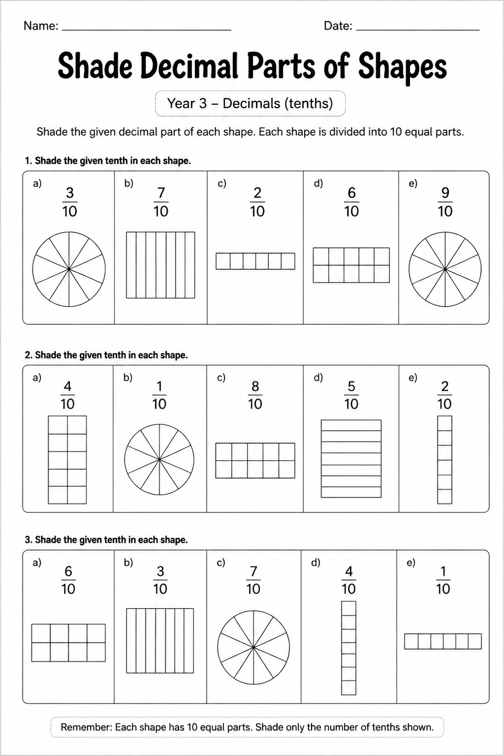 Shade Decimal Parts of Shapes
