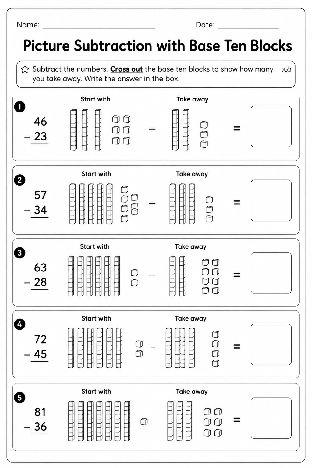 Picture Subtraction with Base Ten Blocks