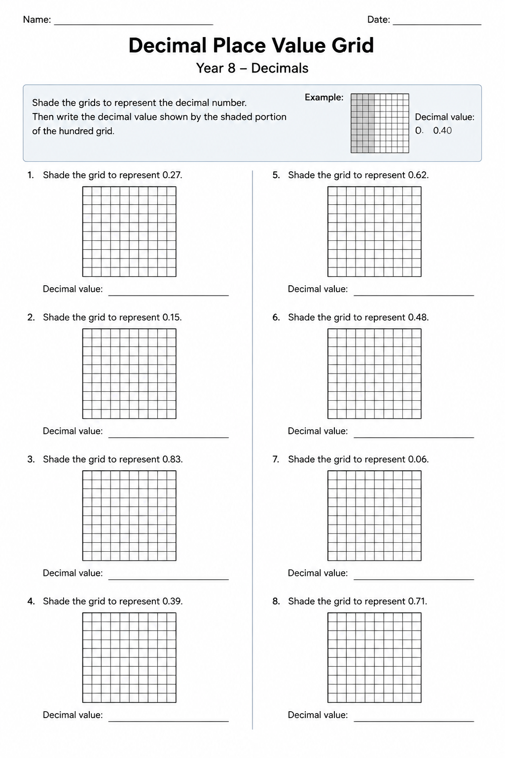 Decimal Place Value Grid