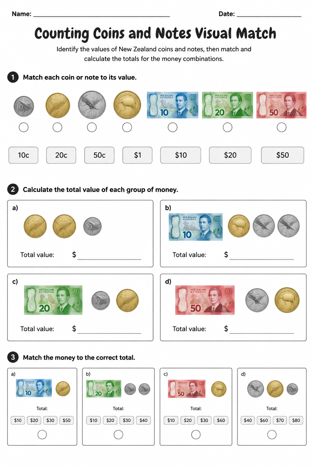 Counting Coins and Notes Visual Match