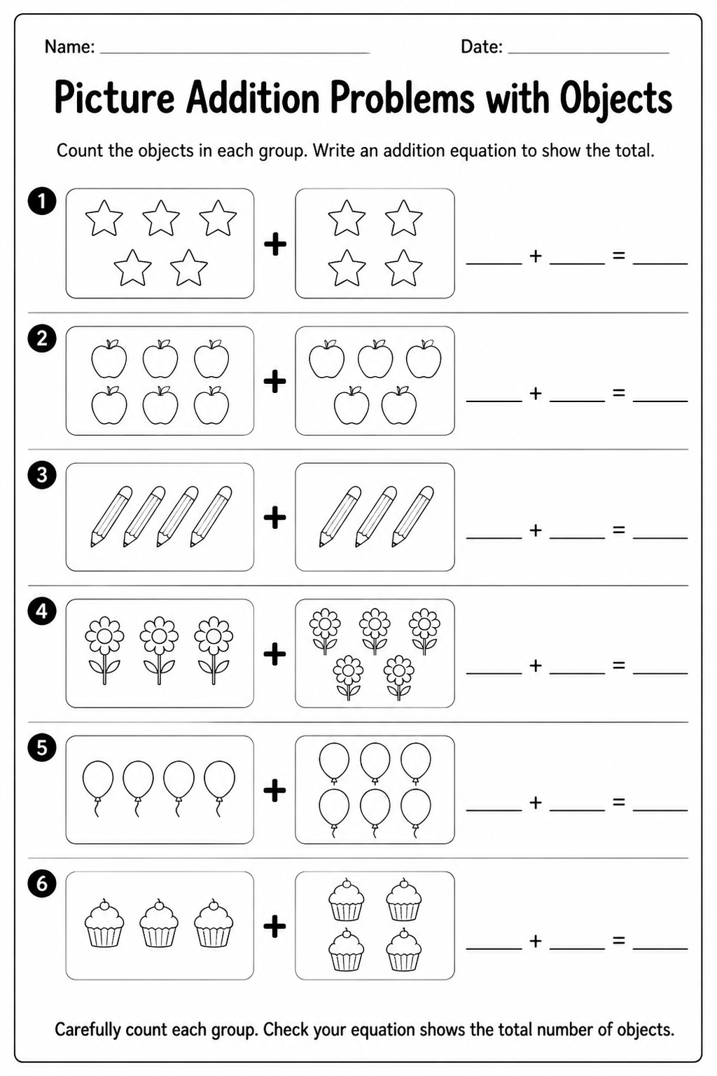 Picture Addition Problems with Objects