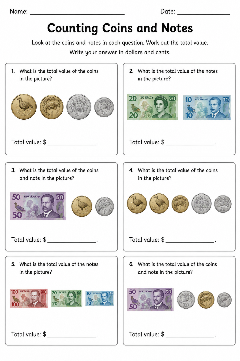 Counting Coins and Notes