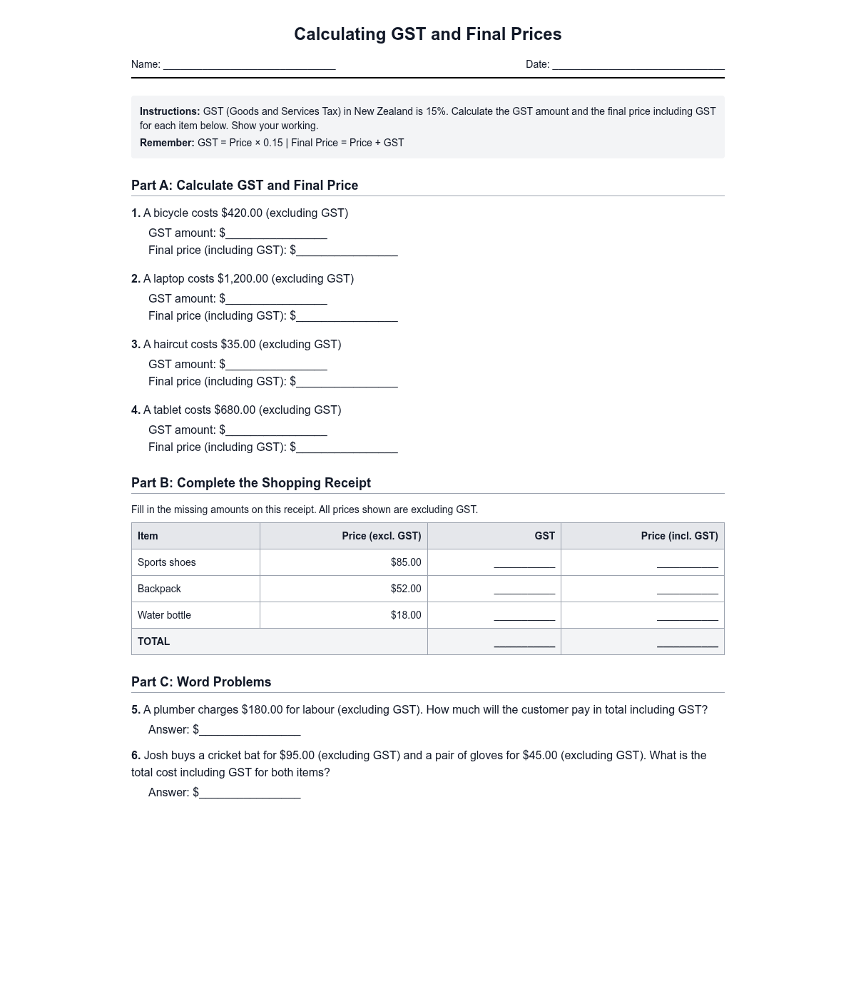 Calculating GST and Final Prices