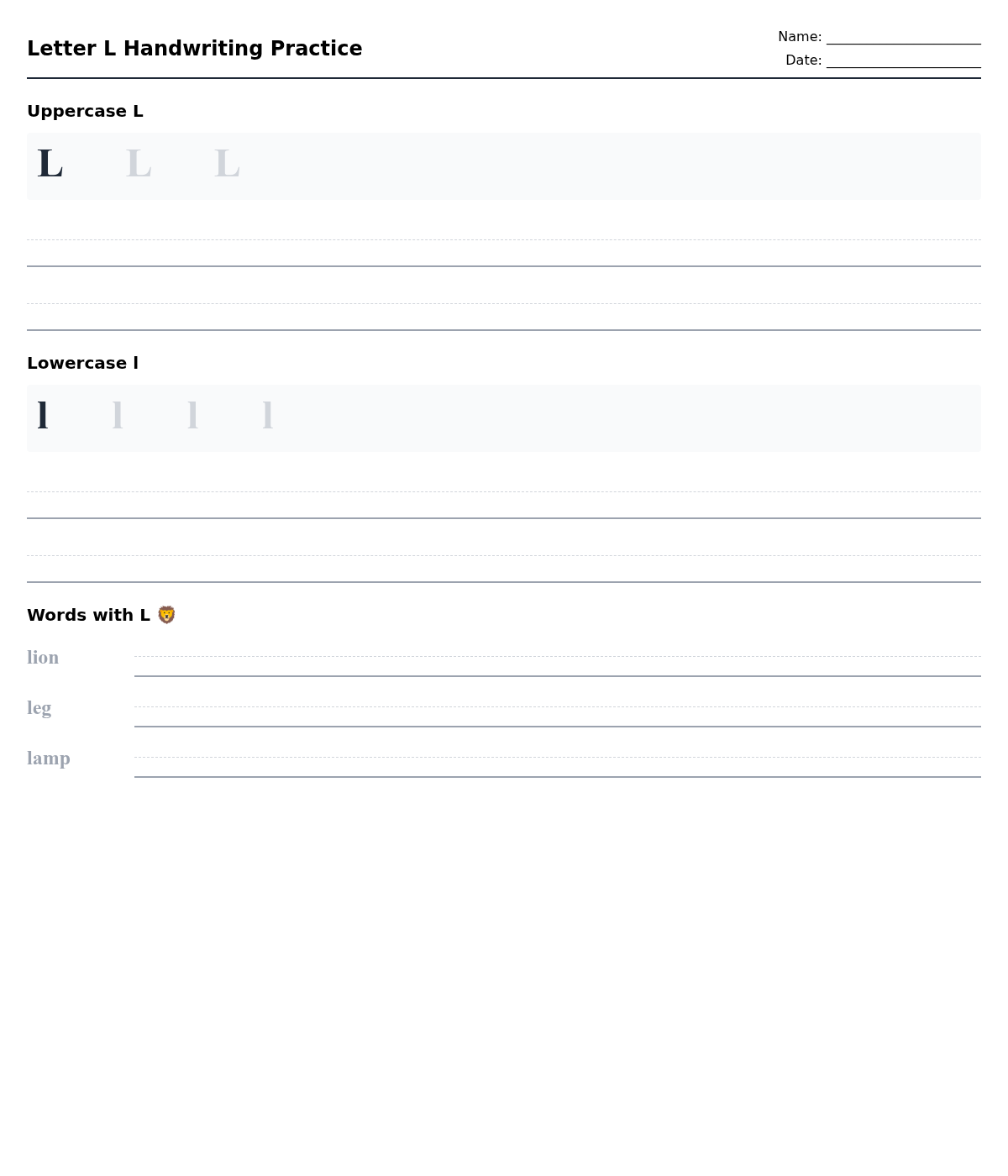Letter L Handwriting Practice