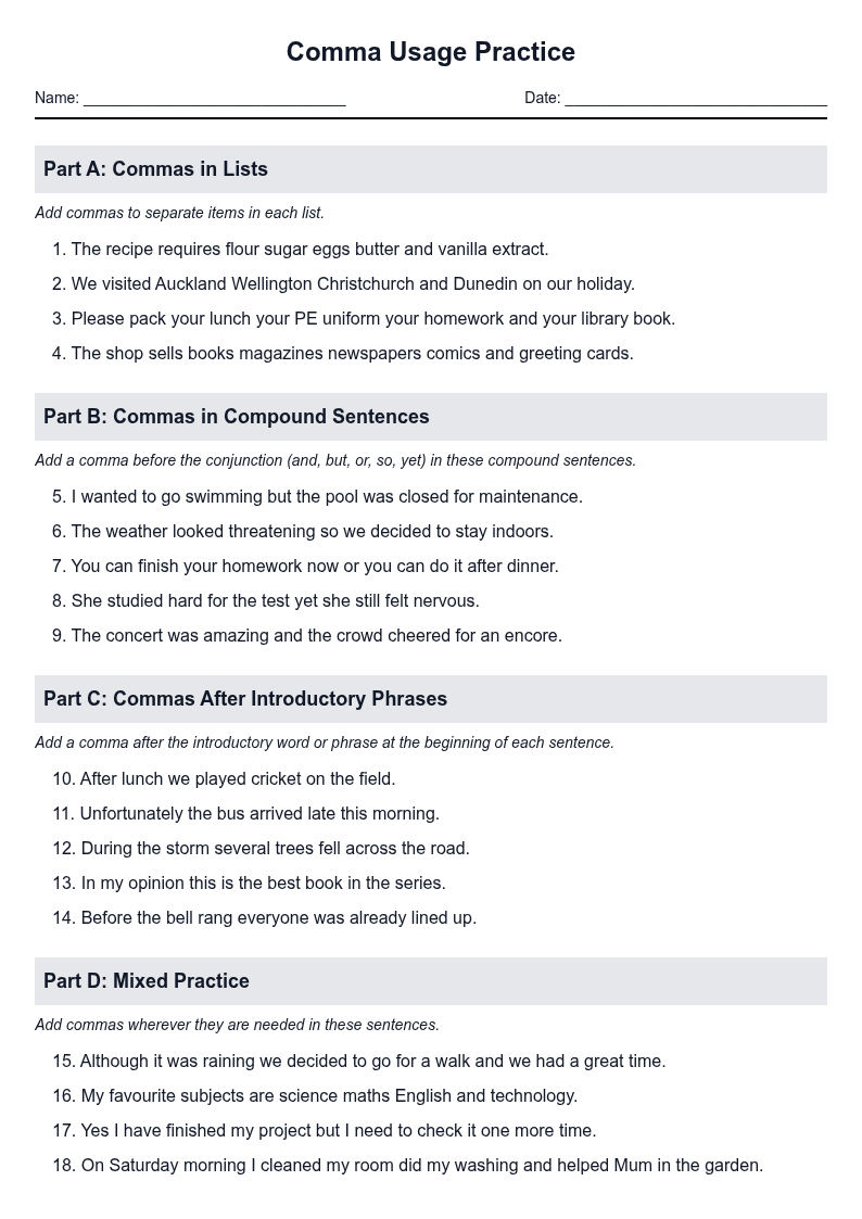 Comma Usage Practice