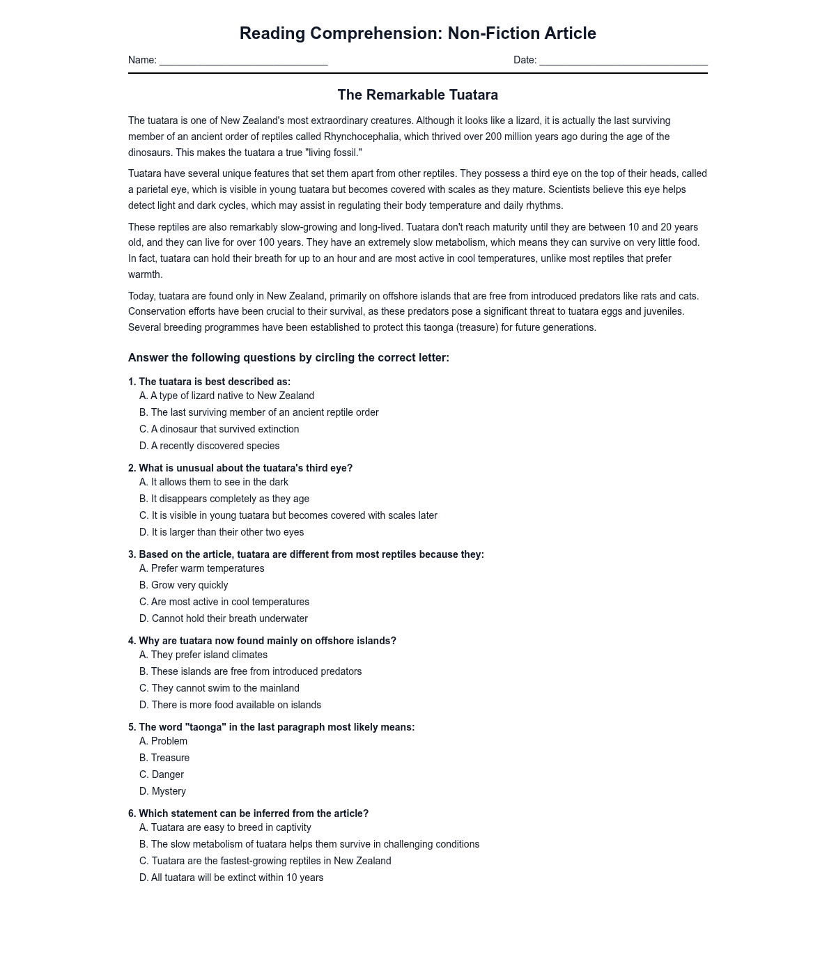 Non-Fiction Reading Comprehension: The Remarkable Tuatara