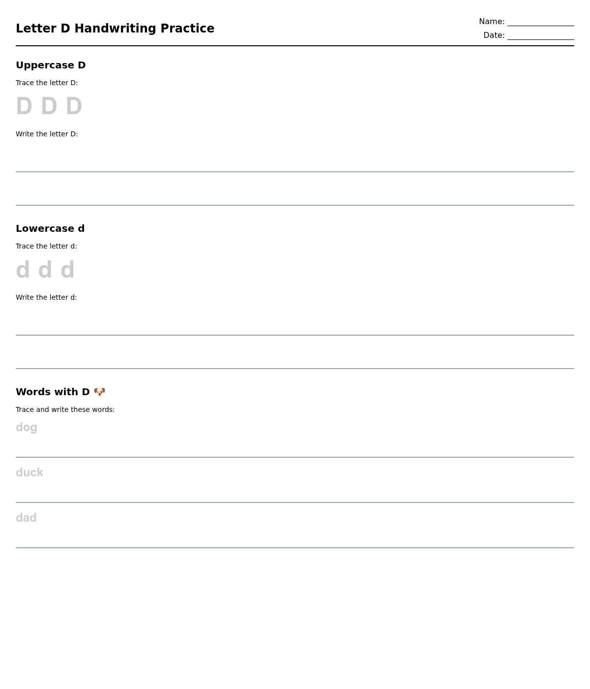 Letter D Handwriting Practice