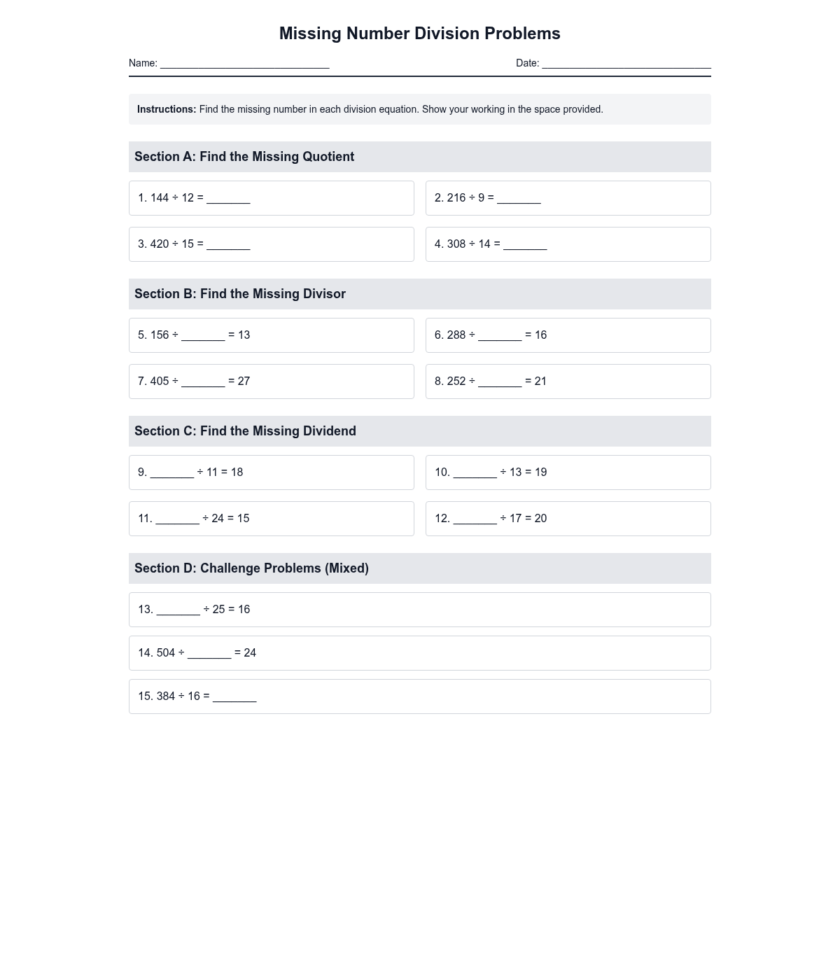 Missing Number Division Problems