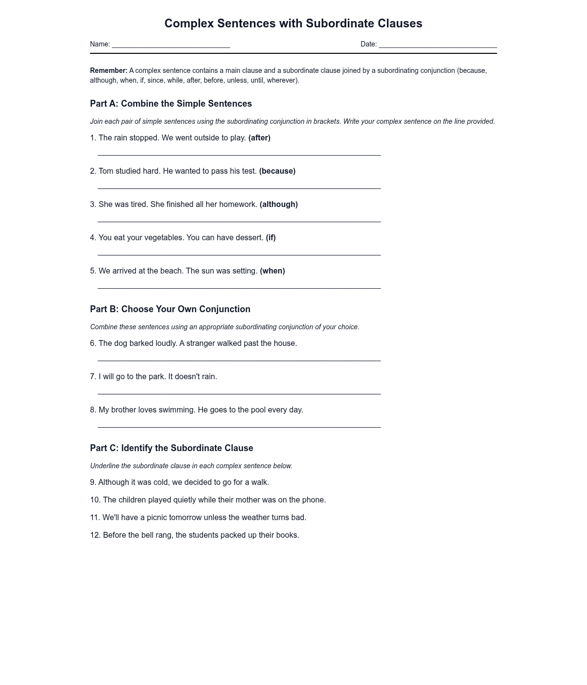 Complex Sentences with Subordinate Clauses
