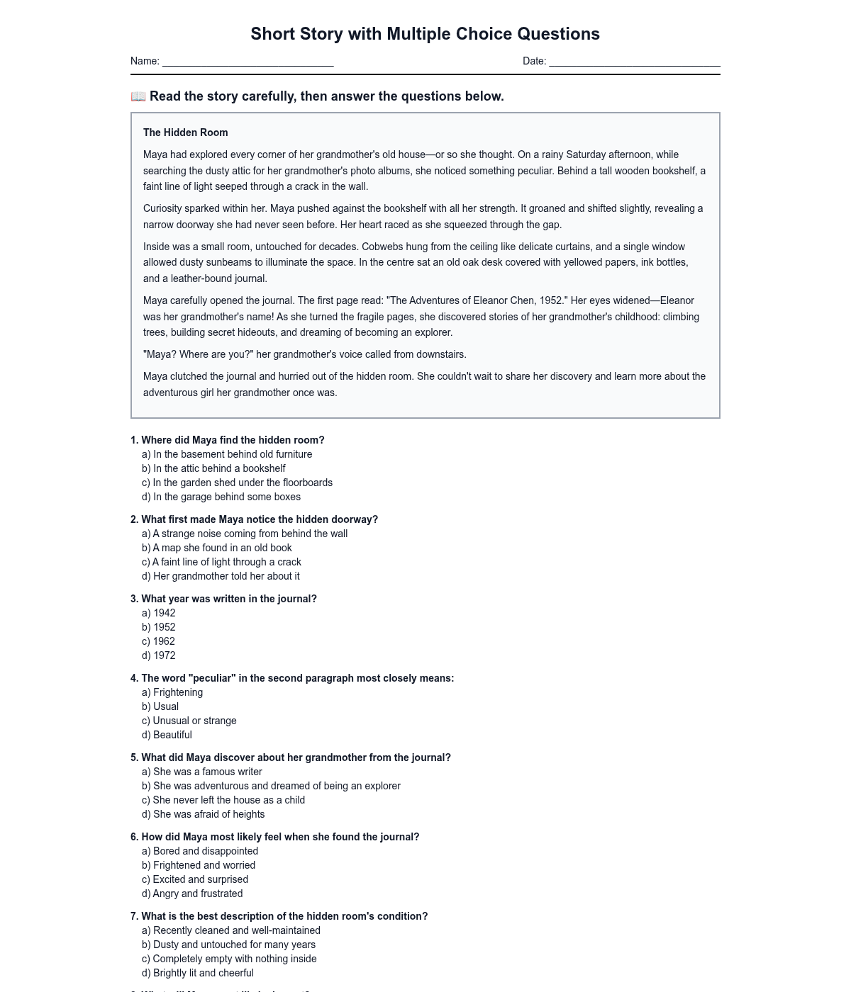 Short Story with Multiple Choice Questions