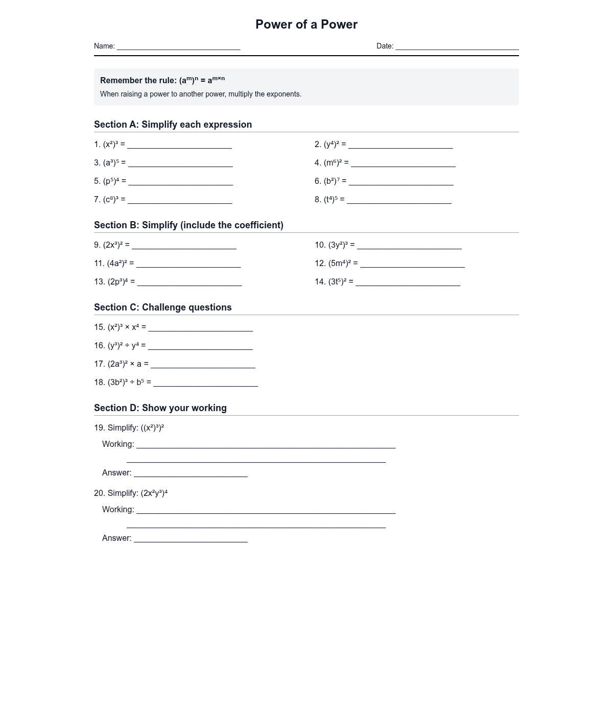 Power of a Power Worksheet