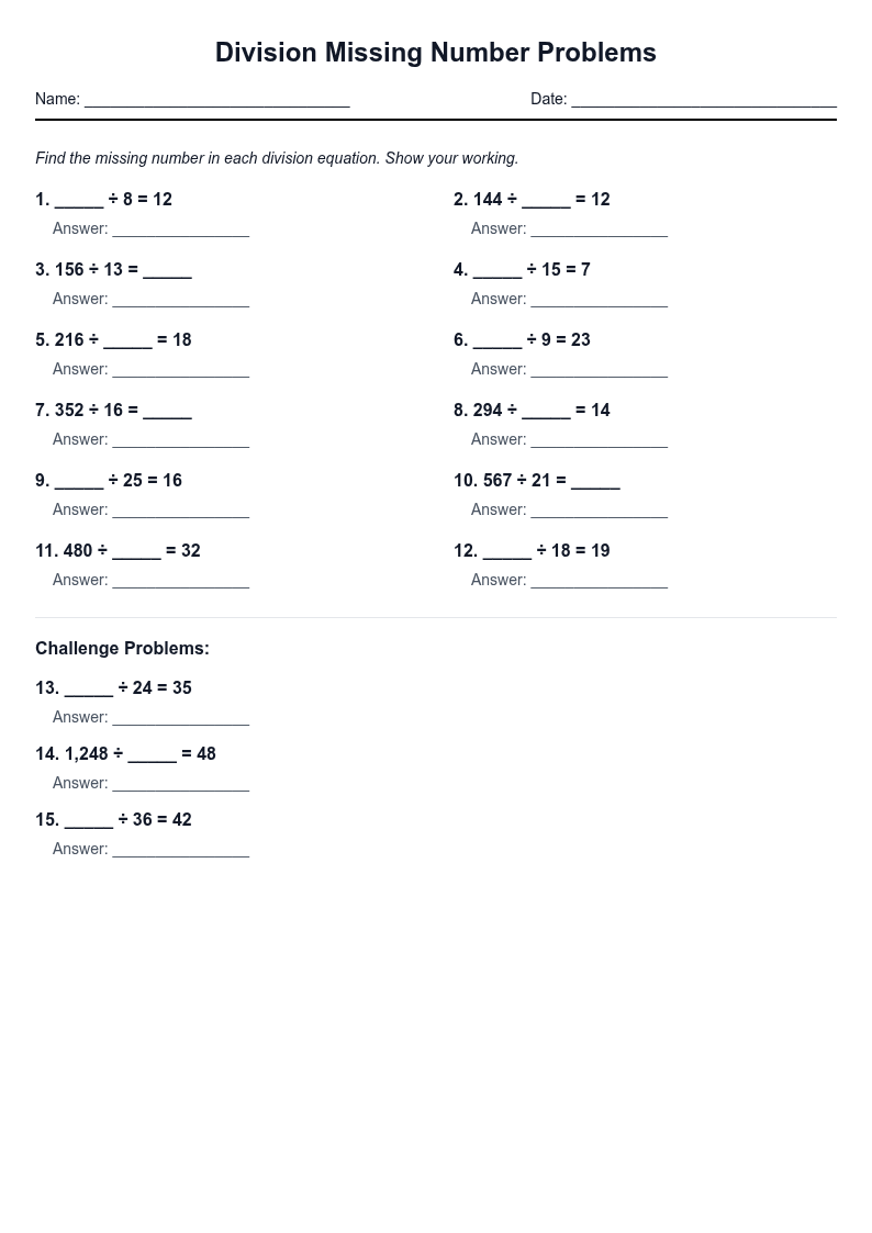 Division Missing Number Problems
