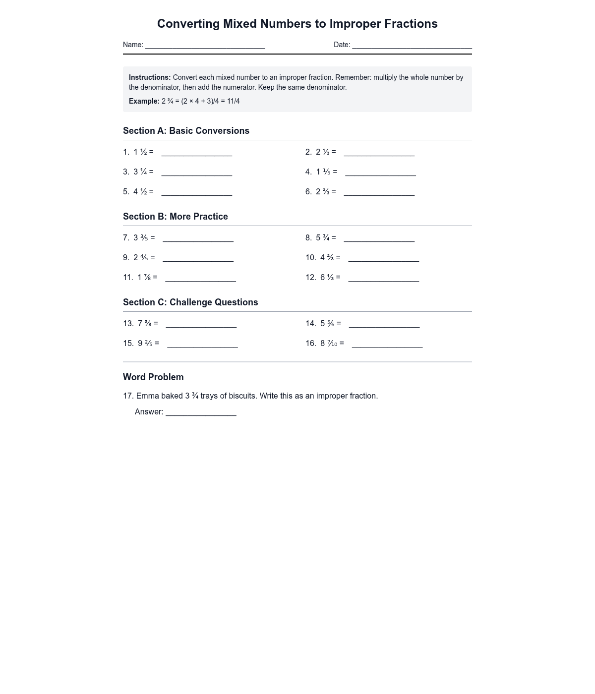 Converting Mixed Numbers to Improper Fractions