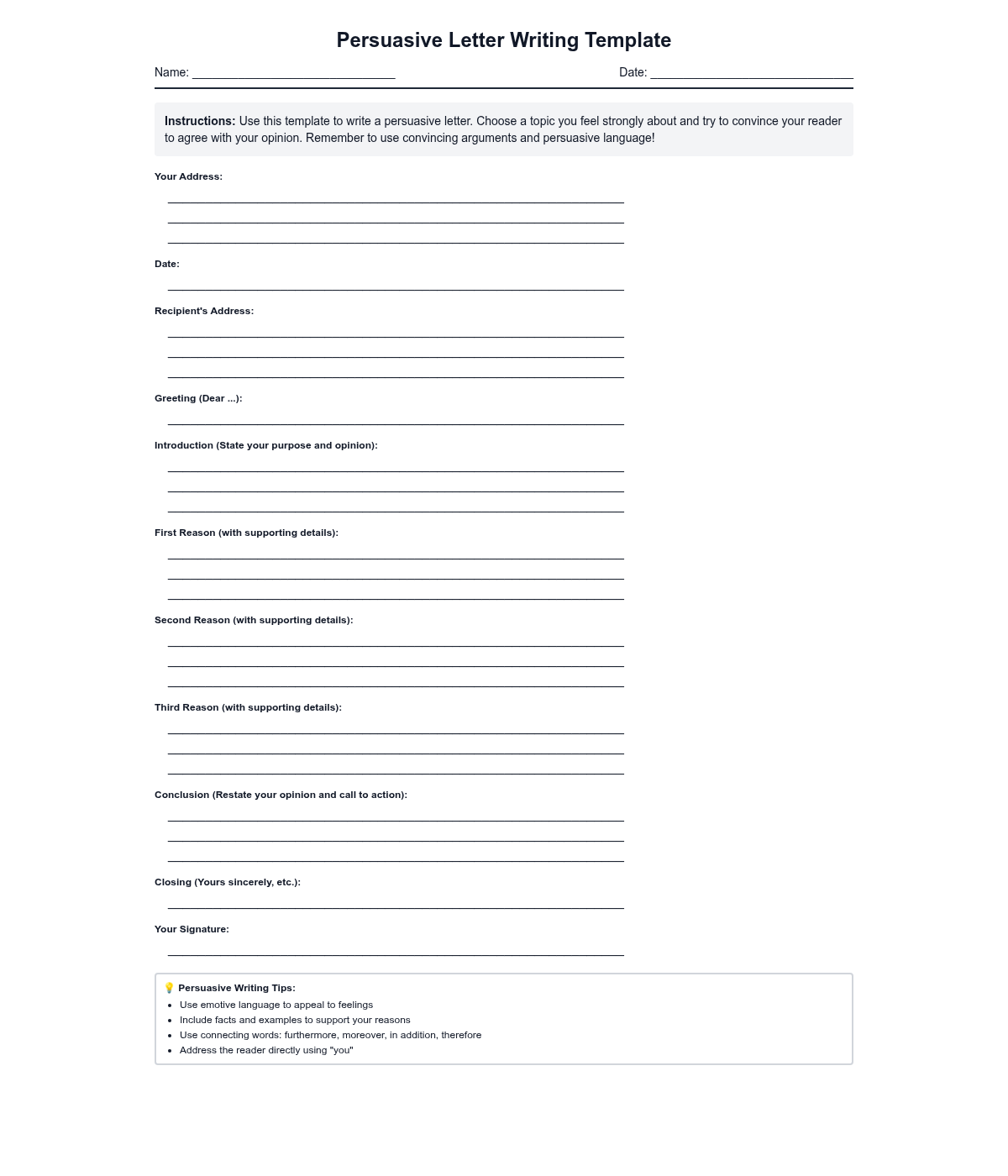 Persuasive Letter Writing Template